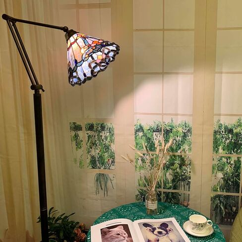 Bieye L10685 Baroque Tiffany Style Stained Glass Swing Arm Floor Lamp, 75 inch Tall, Blue in Kuwait