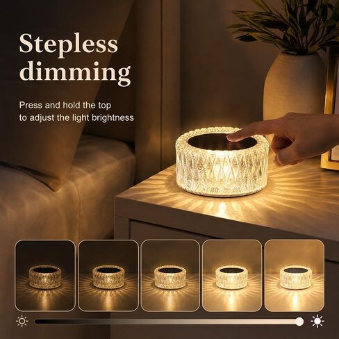Portable Crystal LED Table Lamp, 3 Color Touch Lamp Cordless Crystal, Cry-stal Desk Lam-p Motion Cordless with Touch Control & Stepless dimming for Bedroom Living Room Party in Kuwait