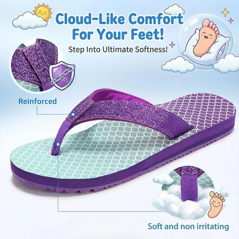 STQ KIDS Girls Flip Flops للأطفال صنادل الشاطئ دعم القوس أزياء الصيف صندل حمام سباحة كاجوال أحذية حمام دش قشور الأسماك الأرجواني حجم 2 طفل صغير in Kuwait