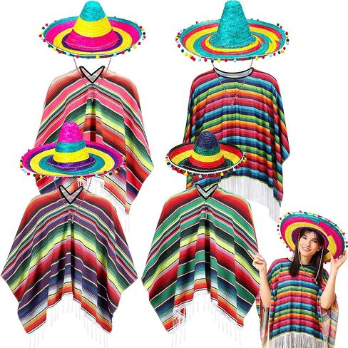 Chicingyou 8 Pcs Mexican Poncho and Sombrero Set Mexican Sombrero Hat with Colorful Serape Trim Chinstrap for Cinco De Mayo in Kuwait