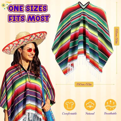 Chicingyou 8 Pcs Mexican Poncho and Sombrero Set Mexican Sombrero Hat with Colorful Serape Trim Chinstrap for Cinco De Mayo in Kuwait