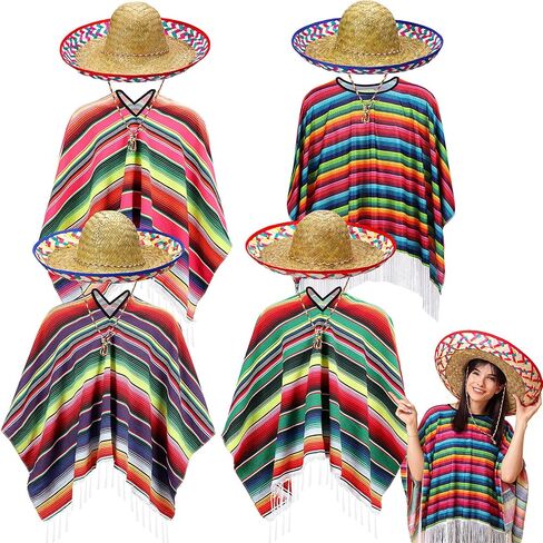 Chicingyou 8 Pcs Mexican Poncho and Sombrero Set Mexican Sombrero Hat with Colorful Serape Trim Chinstrap for Cinco De Mayo in Kuwait