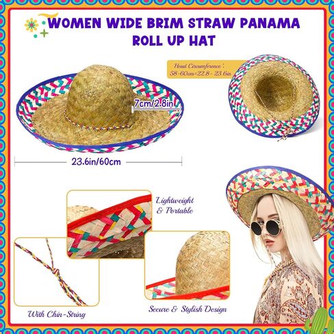 Chicingyou 8 Pcs Mexican Poncho and Sombrero Set Mexican Sombrero Hat with Colorful Serape Trim Chinstrap for Cinco De Mayo in Kuwait