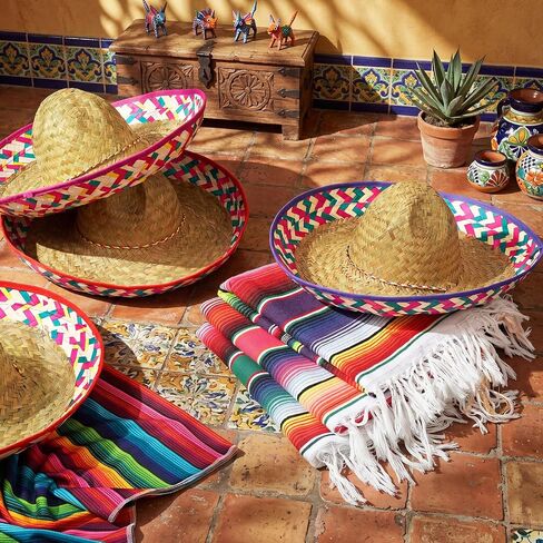 Chicingyou 8 Pcs Mexican Poncho and Sombrero Set Mexican Sombrero Hat with Colorful Serape Trim Chinstrap for Cinco De Mayo in Kuwait