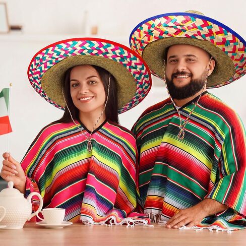 Chicingyou 8 Pcs Mexican Poncho and Sombrero Set Mexican Sombrero Hat with Colorful Serape Trim Chinstrap for Cinco De Mayo in Kuwait