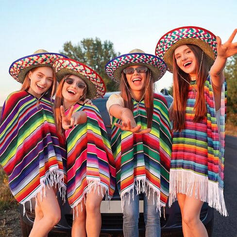 Chicingyou 8 Pcs Mexican Poncho and Sombrero Set Mexican Sombrero Hat with Colorful Serape Trim Chinstrap for Cinco De Mayo in Kuwait