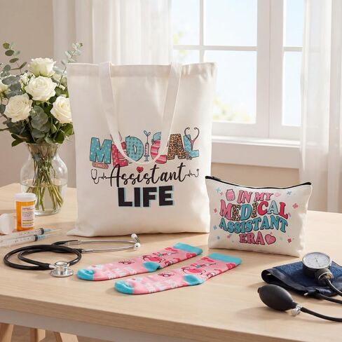 Glitopper 3 Pcs End of Year Medical Assistants Gift Set for Women Canvas Bags Socks Nurse Week End of Year Gift in Kuwait