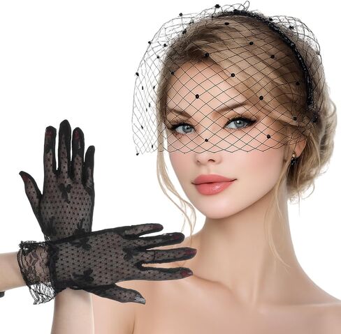 Black Veil Headband with Lace Gloves, 1920s Birdcage Veil Headpiece for Women, Fascinators Hats for Weddings, Tea Parties, Funeral in Kuwait