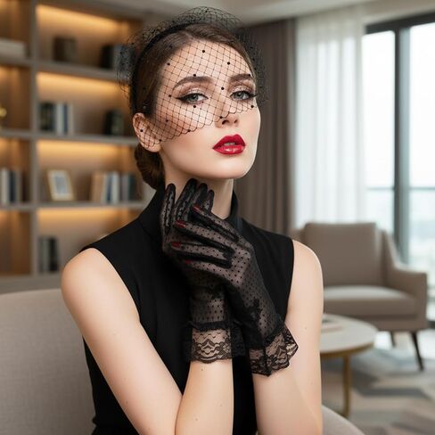 Black Veil Headband with Lace Gloves, 1920s Birdcage Veil Headpiece for Women, Fascinators Hats for Weddings, Tea Parties, Funeral in Kuwait