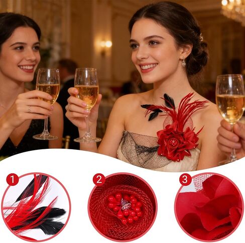 Sucrain الفاسناتور ريشة زهرة دبوس بروش الصدار الأحمر الفاسناتور القبعات الريش مشبك شعر للشاي حفل زفاف كوكتيل in Kuwait