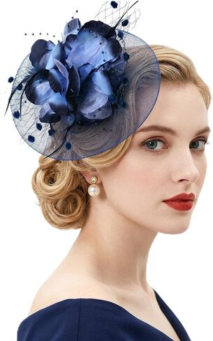 Ishua 1920s Fascinators Hat for Women Tea Party Floral Feather Headpiece Mesh Hair Clip for Bridal Wedding Navy Blue in Saudi Arabia