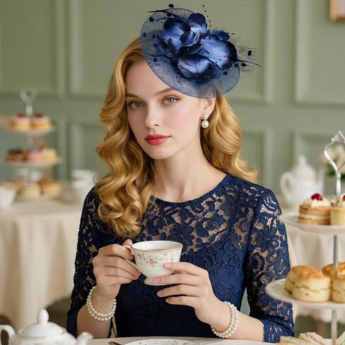 Ishua 1920s Fascinators Hat for Women Tea Party Floral Feather Headpiece Mesh Hair Clip for Bridal Wedding Navy Blue in Saudi Arabia