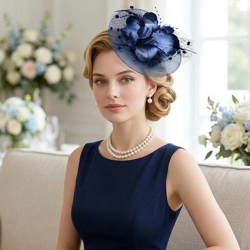 Ishua 1920s Fascinators Hat for Women Tea Party Floral Feather Headpiece Mesh Hair Clip for Bridal Wedding Navy Blue in Saudi Arabia