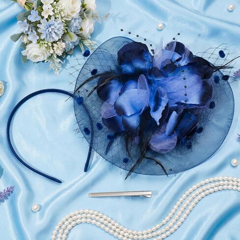 Ishua 1920s Fascinators Hat for Women Tea Party Floral Feather Headpiece Mesh Hair Clip for Bridal Wedding Navy Blue in Saudi Arabia
