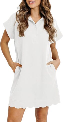 Fisoew Womens Summer T Shirt Mini Dress Short Sleeve Collared V Neck Button Loose Active Dresses with Pockets in Kuwait