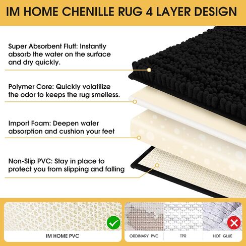 ACCUMTEK Upgrade Luxury Black Bathroom Rug Mat 32"x20", Ultra Soft Thick Absorbent Bath Mats, Non Slip Chenille Toilet Mat for Bathroom, Bedroom, Kitchen, Shower, Tub in Saudi Arabia