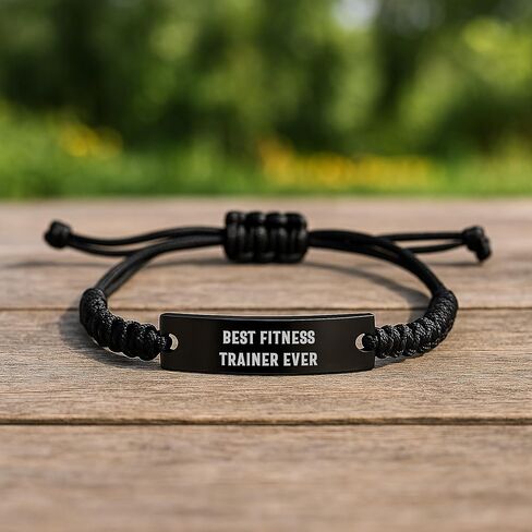 Inspirational Fitness Trainer Gifts from Friends - Best Fitness Trainer Ever Rope Bracelet, Adjustable Black Rope with Engraved Stainless Steel, Perfect for Graduation in Kuwait