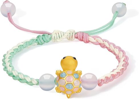 ZHOU LIU FU 24K Solid Gold Turtle Bracelets Healing Chalcedony Beads Adjustable Braided Bracelet Dainty Jewelry for Women Her Daughter Birthday Anniverdary Small Size 5.1-7.5"(13+6CM) A1714744 in Kuwait