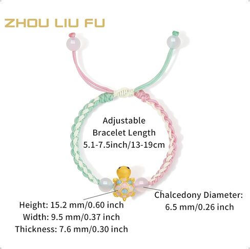 ZHOU LIU FU 24K Solid Gold Turtle Bracelets Healing Chalcedony Beads Adjustable Braided Bracelet Dainty Jewelry for Women Her Daughter Birthday Anniverdary Small Size 5.1-7.5"(13+6CM) A1714744 in Kuwait