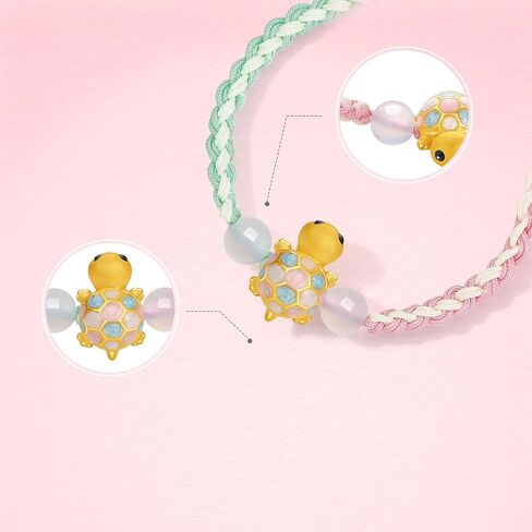 ZHOU LIU FU 24K Solid Gold Turtle Bracelets Healing Chalcedony Beads Adjustable Braided Bracelet Dainty Jewelry for Women Her Daughter Birthday Anniverdary Small Size 5.1-7.5"(13+6CM) A1714744 in Kuwait
