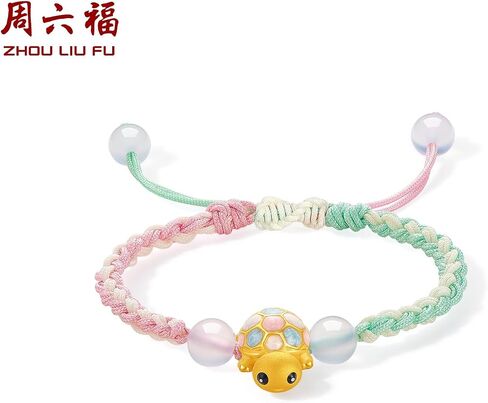 ZHOU LIU FU 24K Solid Gold Turtle Bracelets Healing Chalcedony Beads Adjustable Braided Bracelet Dainty Jewelry for Women Her Daughter Birthday Anniverdary Small Size 5.1-7.5"(13+6CM) A1714744 in Kuwait