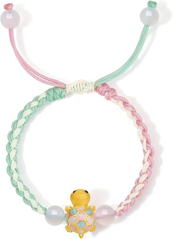 ZHOU LIU FU 24K Solid Gold Turtle Bracelets Healing Chalcedony Beads Adjustable Braided Bracelet Dainty Jewelry for Women Her Daughter Birthday Anniverdary Small Size 5.1-7.5"(13+6CM) A1714744 in Kuwait