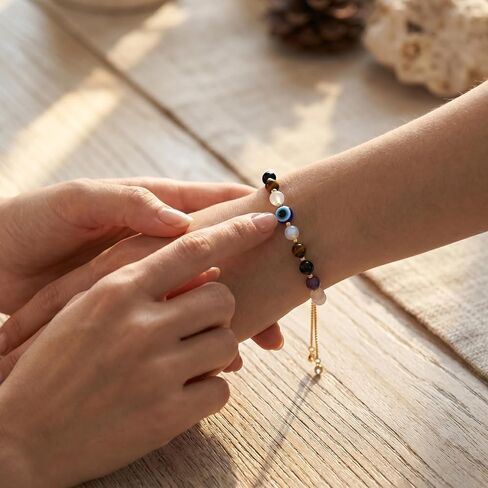 Evil Eye Bracelet for Women Protection Bracelet Natural Gemstone Crystal Bracelet Evil Eye Charm Adjustable Birthday Gifts for Women with Message Card in Saudi Arabia