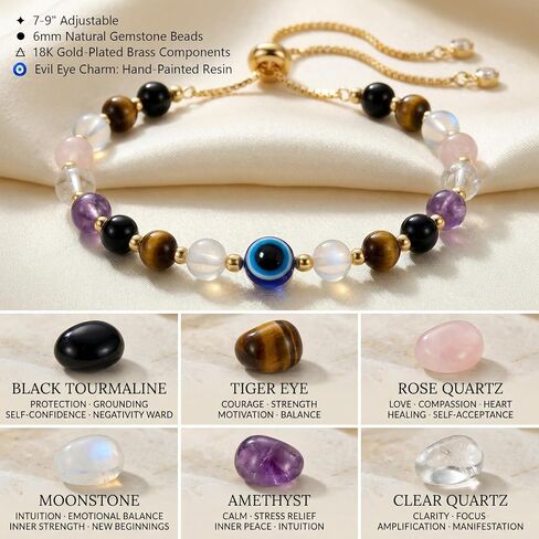 Evil Eye Bracelet for Women Protection Bracelet Natural Gemstone Crystal Bracelet Evil Eye Charm Adjustable Birthday Gifts for Women with Message Card in Saudi Arabia