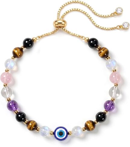 Evil Eye Bracelet for Women Protection Bracelet Natural Gemstone Crystal Bracelet Evil Eye Charm Adjustable Birthday Gifts for Women with Message Card in Saudi Arabia
