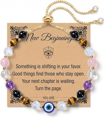 Evil Eye Bracelet for Women Protection Bracelet Natural Gemstone Crystal Bracelet Evil Eye Charm Adjustable Birthday Gifts for Women with Message Card in Saudi Arabia