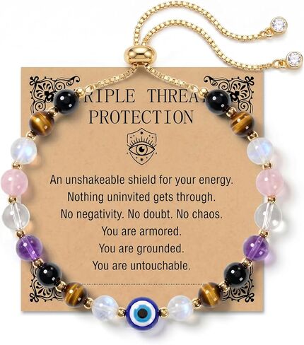 Evil Eye Bracelet for Women Protection Bracelet Natural Gemstone Crystal Bracelet Evil Eye Charm Adjustable Birthday Gifts for Women with Message Card in Saudi Arabia