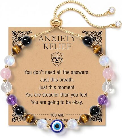 Evil Eye Bracelet for Women Protection Bracelet Natural Gemstone Crystal Bracelet Evil Eye Charm Adjustable Birthday Gifts for Women with Message Card in Saudi Arabia