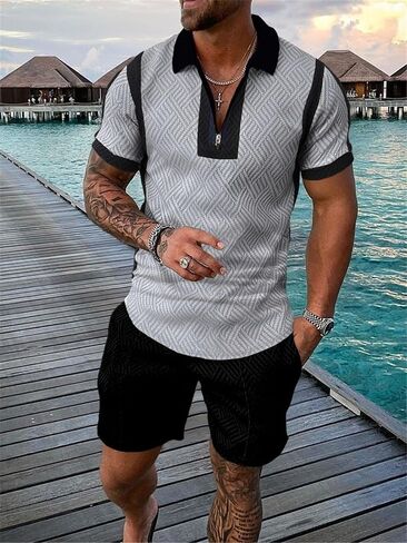 Kubsid Black Grey Mixed XXL Men Track Suits 2 Piece Set Summer Casual Outfits Fashion Polo Shirts Short Sleeve and Shorts Set Vacation Clothes in Saudi Arabia