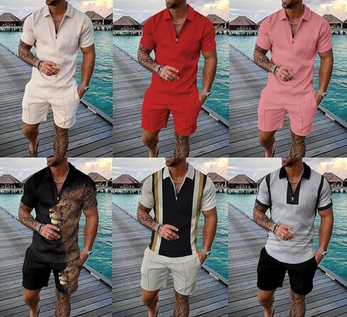 Kubsid Black Grey Mixed XXL Men Track Suits 2 Piece Set Summer Casual Outfits Fashion Polo Shirts Short Sleeve and Shorts Set Vacation Clothes in Saudi Arabia