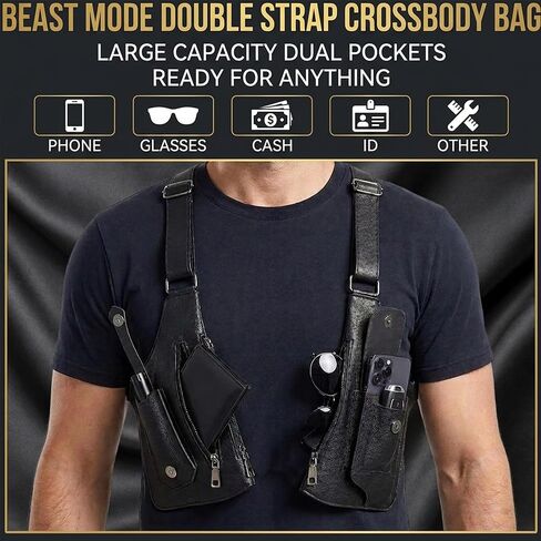Tactical Underarm Shoulder Bag,Anti-Theft Chest Pack,Adjustable Leather Crossbody Multi Double Shoulder Armpit Bag | Double-shoulder in Kuwait