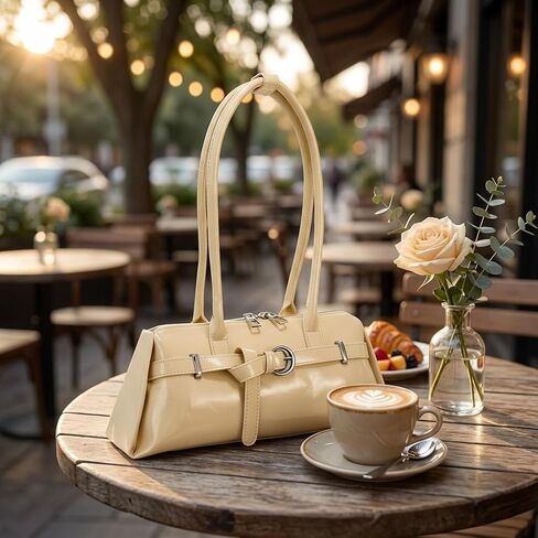 Sleek Baguette Shoulder Bag for Women, Cream Faux Leather Underarm Purse with Double Long Handles in Saudi Arabia