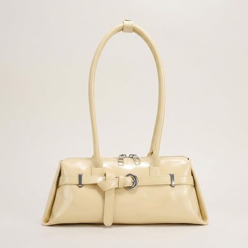 Sleek Baguette Shoulder Bag for Women, Cream Faux Leather Underarm Purse with Double Long Handles in Saudi Arabia