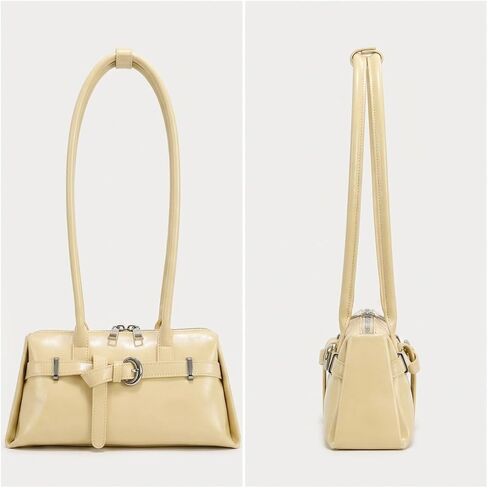 Sleek Baguette Shoulder Bag for Women, Cream Faux Leather Underarm Purse with Double Long Handles in Saudi Arabia