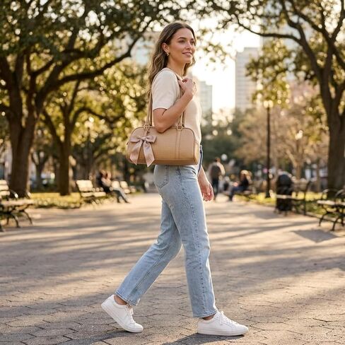 Korean Casual Pillow Bag for Women - Trendy Tan Hobo Shoulder Handbag with Bow Detail in Saudi Arabia
