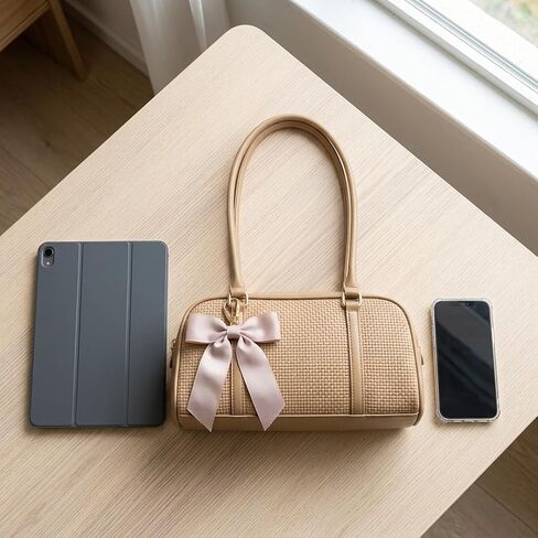 Korean Casual Pillow Bag for Women - Trendy Tan Hobo Shoulder Handbag with Bow Detail in Saudi Arabia