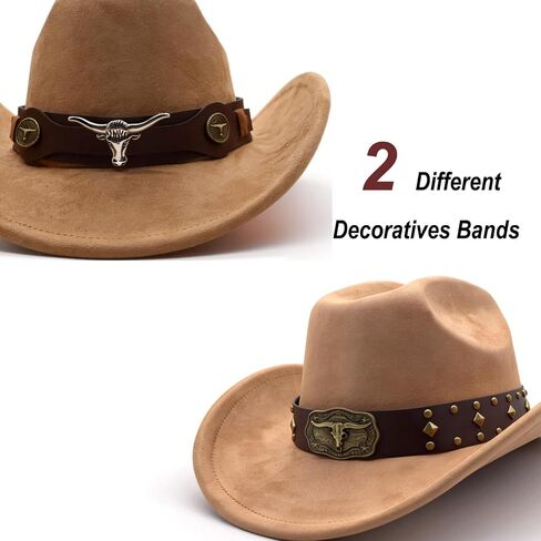 Cowboy Hat for Women Men Western Cowboy Hats Shapeable Wide Brim, Classic Cowgirl Hats with Two Decorative Bands in Kuwait