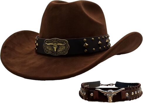 Cowboy Hat for Women Men Western Cowboy Hats Shapeable Wide Brim, Classic Cowgirl Hats with Two Decorative Bands in Kuwait