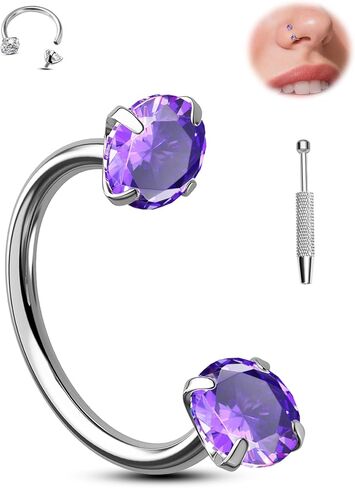 Jewseen Titanium Horseshoe Nose Ring 18G Double Gem Nose Ring for Women 6MM/7MM/8MM Internally Threaded Lip Septum Piercing Jewelry Horseshoe Helix/Daith/Tragus Earring for Women in Kuwait
