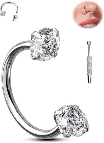 Jewseen Titanium Horseshoe Nose Ring 18G Double Gem Nose Ring for Women 6MM/7MM/8MM Internally Threaded Lip Septum Piercing Jewelry Horseshoe Helix/Daith/Tragus Earring for Women in Kuwait