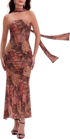 Summer Maxi Dresses for Women 2026 Strapless Ruched Tube Dress with Scarf Beach Vacation Spring Wedding Guest Dress Pockets in Saudi Arabia