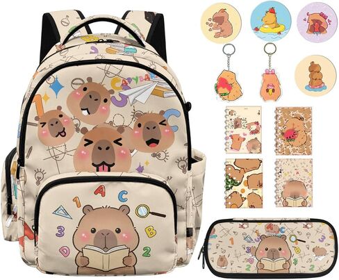 12 PCS Capybara Backpack with Pencil Case Lightweight Kids Backpacks with Adjustable Padded Straps Suitable for Elementary Middle School High School in Kuwait