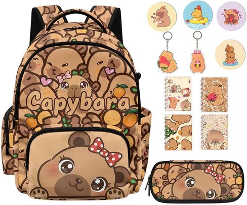 12 PCS Capybara Backpack with Pencil Case Lightweight Kids Backpacks with Adjustable Padded Straps Suitable for Elementary Middle School High School in Kuwait