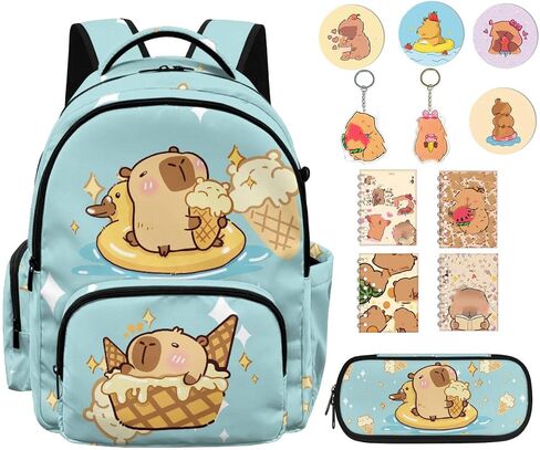 12 PCS Capybara Backpack with Pencil Case Lightweight Kids Backpacks with Adjustable Padded Straps Suitable for Elementary Middle School High School in Kuwait