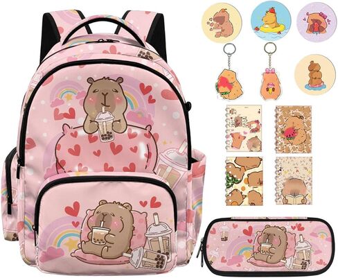 12 PCS Capybara Backpack with Pencil Case Lightweight Kids Backpacks with Adjustable Padded Straps Suitable for Elementary Middle School High School in Kuwait
