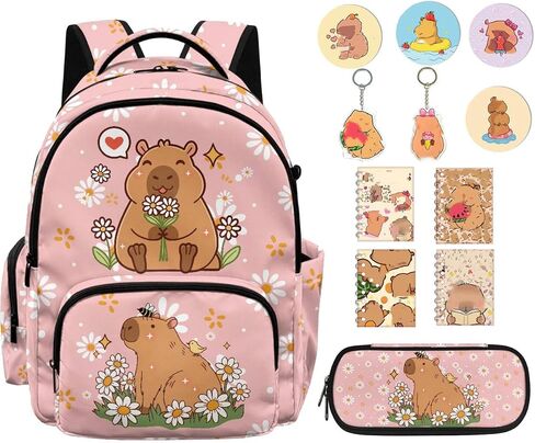 12 PCS Capybara Backpack with Pencil Case Lightweight Kids Backpacks with Adjustable Padded Straps Suitable for Elementary Middle School High School in Kuwait